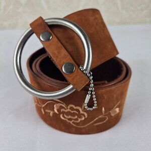 Olga Santini Sz Medium Brown/Rust Wide Belt Embroidered Flowers Silver Hardware